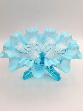 Antique Dugan Ice Blue Opalescent Daisy & Plume Footed Ruffled Bowl